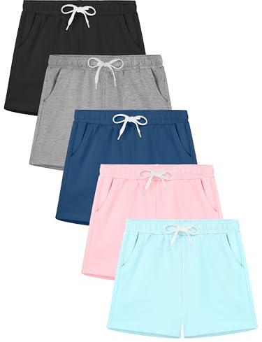 Poroka 5 Pack Girls Athletic Shorts Active Performance Shorts Kids Summer Sports Running Yoga Short with Drawstring C
