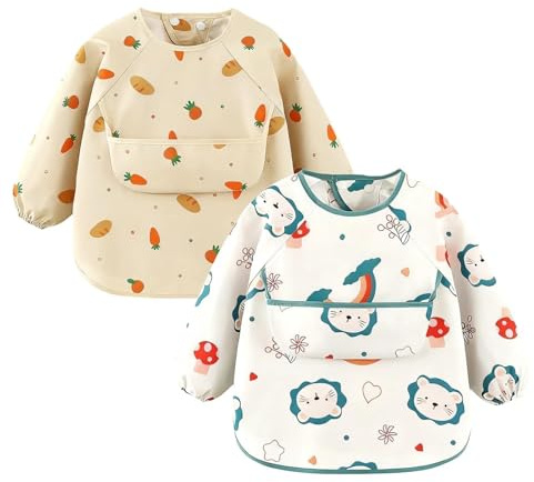 MUNTE 2 Pièces Bavoir Manches Longues Bebe aux Bébés Âgés de 0 à 1 an et Pesant Moins de 8,5 kg, Imperméable Bavoir Tablier Bébé, Doux et Respirant Tablier Repas Bebe, pour Manger, Jouer et Dessiner