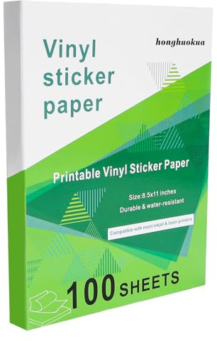 Printable Vinyl Sticker Paper - Waterproof Paper for Inkjet & Laser Printers, 100 Sheets 8.5 x 11 Inches Matte White Self-Adhesive Paper, Fast Dry for DIY Crafts, Labels and Decals