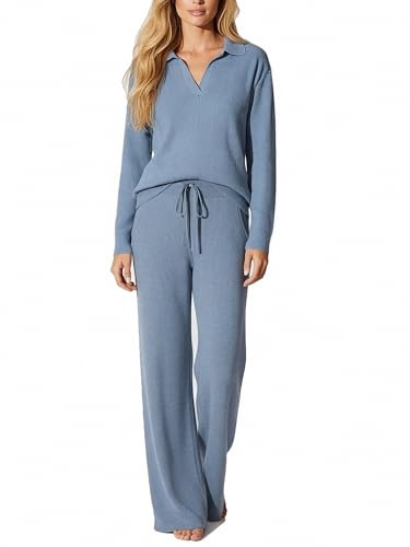 MessBebe Set di 2 maglioni da donna, a maniche lunghe, maglioni, top, gamba larga, pantaloni, set lounge, Blu, L