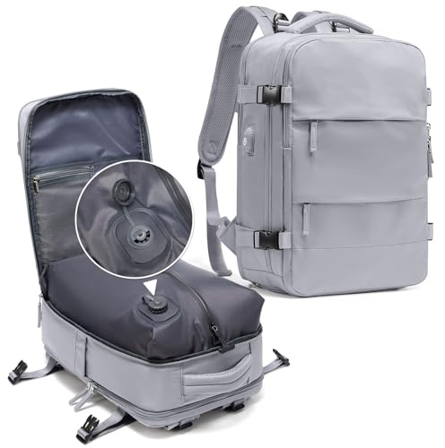 bergsalz Vakuum ryggsäck, airbag ryggsäck handbagage flygplan för kvinnor män, Easyjet handbagage 45 x 36 x 20, vakuum reseryggsäck med vakuumsystem, GRÅ, Vakuum(40x30x20)