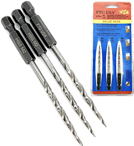 FTG USA 3 Pc #6 (9/64) Replacement Tapered Countersink Drill Bit Set All Same Size Countersink Bit Replacement Only