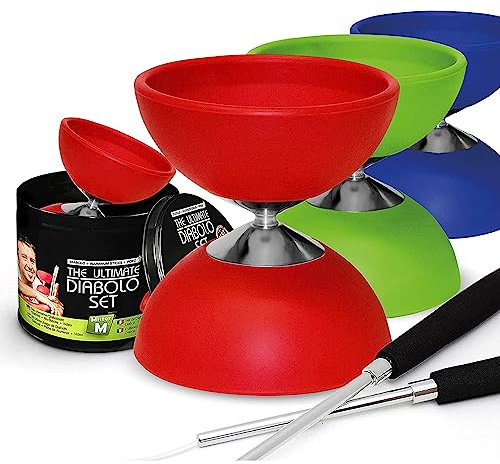 Mister M | Einsteigerfreundliches Diabolo-Jonglierset | Diabolo Mehrfarbig getarnt mit Fester Achse | Aluminiumstäbe | Profi Diabolo Set with Kugellager and Leuchtend Options for Kids 6+