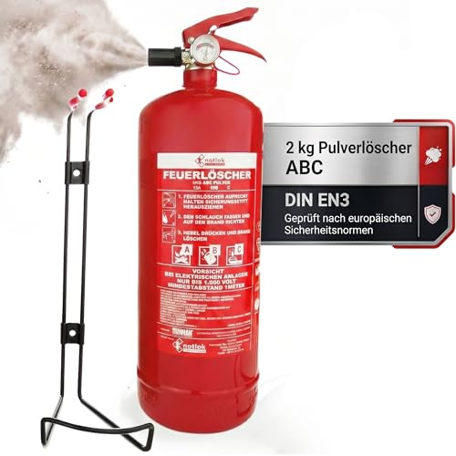 notlok Safety Work - Estintore ABC a polvere 2kg | pressione continua con manometro | con supporto per estintore | Estintore domestico ideale per la cucina Ma anche per l'auto