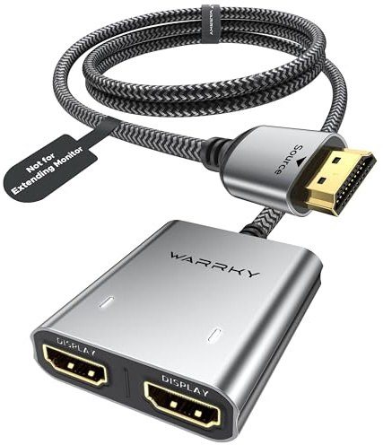 Warrky HDMI Splitter 4K, Display Mirror Same Screen Only (Not Extend Screen), HDMI Splitter 1 in 2 Out [USB-C Powered, Metal Shell, 3.3 Ft Braided Cable], 1x2 for Dual Monitors, Grey-4K UHD