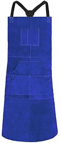 QeeLink Tablier de Soudeur en Cuir avec 6 Poches, Tablier de Travail Résistant à la Chaleur et aux Flammes, 61 x 106cm, Réglable M à XXXL, Bleu