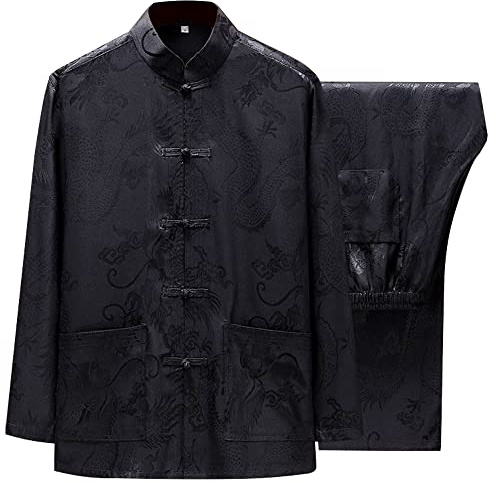 Chinese Martial Arts Uniform Tang Suit for Men Breathable Fabric Kung Fu Wing Chun Hanfu Traditional Suit (Black, X-Large)