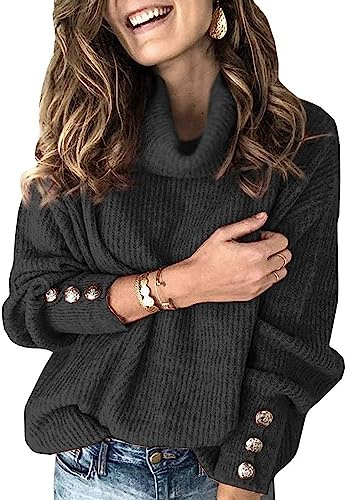 Wenrine Pull à col roulé pour femme - Manches longues - Décontracté - Chaud - Tricoté avec boutons en métal