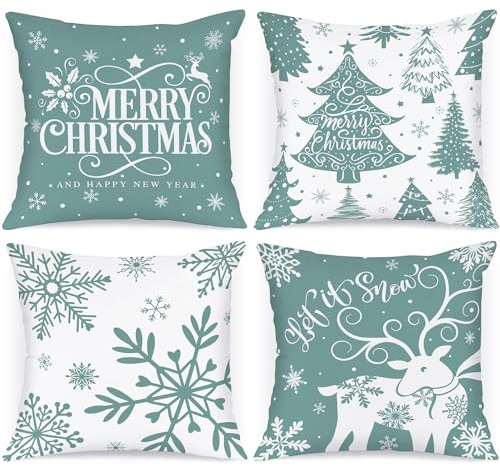 Lanpn 4 Stück Weiß und Grün Kissenbezug Weihnachten Kissenhülle 45x45 cm, Winterliche Schneeflocken Dekorative Weihnachtskissen für Weihnachtsdeko Christmas Bettwäsche Sofa Decorations (Hellgrün)