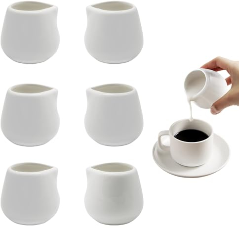 ICEBLUEOR 6 PCS Small Milk Jug, 110ml White Ceramic Milk Creamer Pitcher, Gravy Jug, Sauce Pots, Sugar Pot, Mini Milk Jugs for Milk Coffee, Cream Jug Gravy Boat for Home Kitchen Office Coffee Bar