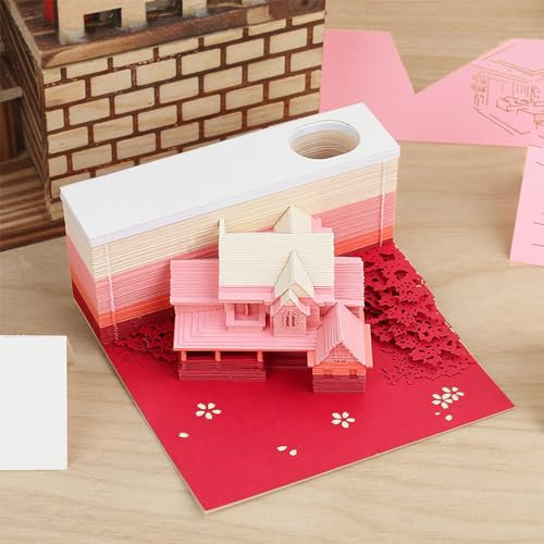 Abreißkalender 2024, Notizblock, 3D-Notizblock, Notizen, 2024 3D-Schreibtischkalender, Notizblock aus Papier, Schnitzkunst, Dachbodengebäude, 8 x 8 x 4 cm, kreative Papierkarten, Notizen for Büro/Zuha