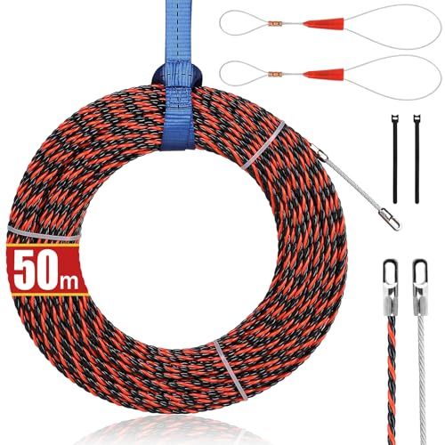 EFUTURETIME Guia Pasacables Pared 50m, Cable Puller 6mm con 2 Muelle de Guía, 3 Cintas de Amarre, Enhebrador de Alambre Electrico para Instalación y Desinstalación de Cables