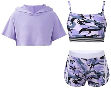 Fldy Flickträningsoverall sportset kortärmad huvtröja crop linne shorts flickor sommarkläder set barn dans träning löpning outfit, violett, 146-152