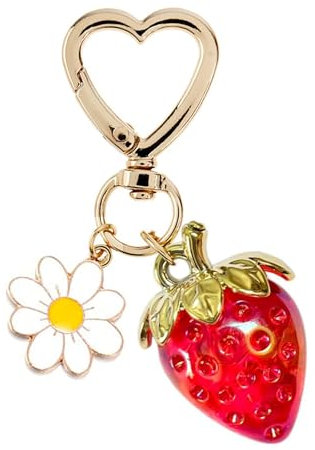 Moguri Porte-clés fraise mignonne, pendentif de sac esthétique, porte-clés kawaii avec cœur, fleur et marguerite, accessoire de décoration pour fille, porte-monnaie, cadeau, rouge, L