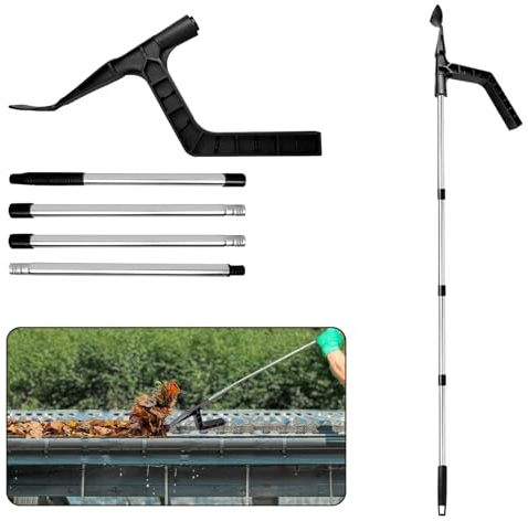 ONEMEAN Gutter Cleaning Tools,1.8m Telescopic Gutter Cleaner Tool, Gutter Cleaning Tools Telescopic Pole with Gutter Brush & Rake Attachments,for Ground-Level Gutter Cleaning,Hard-to-Reach Areas
