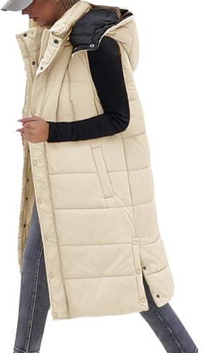 Tuopuda Chaleco Largo para Mujer de Capucha con Cremallera Chaleco Acolchado de Plumas Chaqueta de Invierno sin Mangas Abrigo de Cálidos on Bolsillos(Caqui,M)
