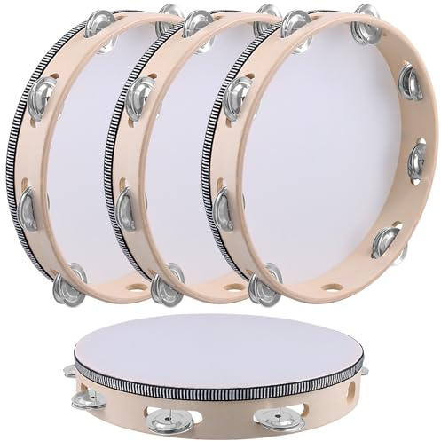 UNGFEI 4 PCS 25 cm Handheld Tambourine Drum, 10 inch Beige Handheld Tambourine Drum, Wooden Tambourine for Church, KTV, Musical Educational