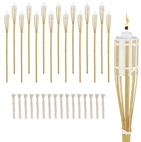 Relaxdays Antorchas de Jardín, Pack de 16, 90 cm, Faroles Bambú Exteriores, Mechas Recambio, Decorativas, Natural, Hierro