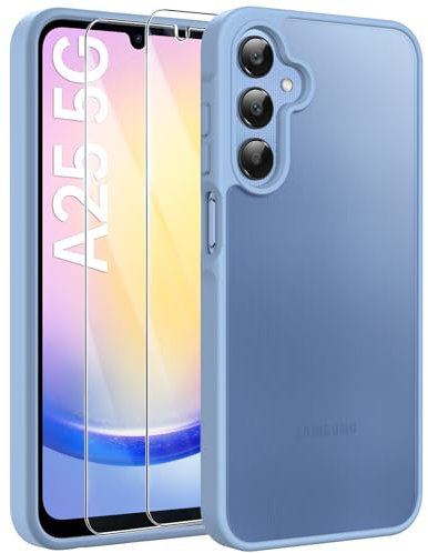 FLLAO Matt Handyhülle für Samsung Galaxy A25 5G Hülle und 2 Schutzfolie, mit Kameraschutz [Militärnorm Schutz] urchscheinende PC Rückseite TPU Bumper Hülle für Samsung A25 5G - Himmelblau