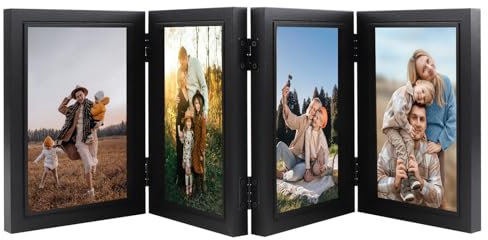 DXiongW Bilderrahmen für 4 Bilder 10x15 cm Klappbar Fotorahmen Collage MDF Schwarz Bilderrahmen Vertikal Portraitrahmen Familie Büro Tisch Dekorieren Rahmen Geschenk für Hochzeit Freund Geburtstag