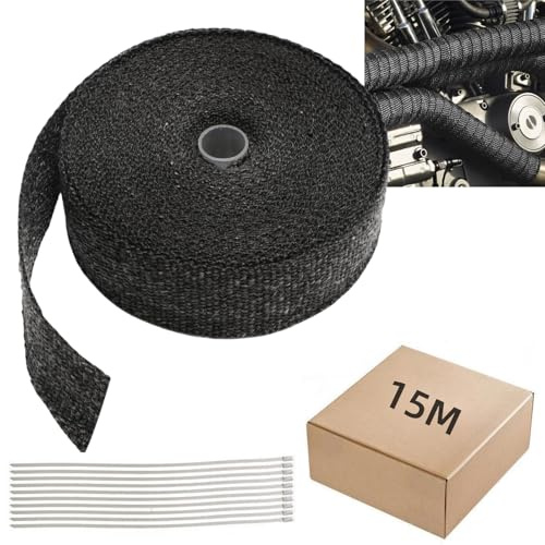 Fiqops 15 m x 5 cm värmeskyddsband avgasrör tätningstejp med 10 stycken buntband i rostfritt stål, avgasband, värmeband, värmeband upp till 600 °C, värmeband för motorcykel och bil, fläktrör