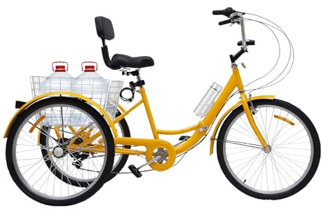 soudesileim 24 tums trehjuling cykel vikbar, 7-växlad V-broms, stoppbroms, trehjuliga cyklar med shoppingkorg 55 x 45 x 28 cm, trehjuling för vuxna, äldre (gul)