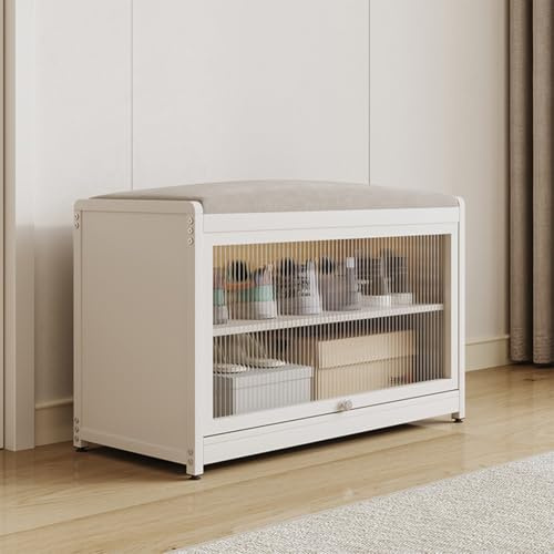 BAKAJI Scarpiera con Seduta e 2 Scomparti Interni Salvaspazio, Mobile Panca Porta Scarpe con Anta Trasparente e Base Antiscivolo per Ingresso, Camera da Letto, Ingresso 70 x 32 x 45 cm (Bianco)