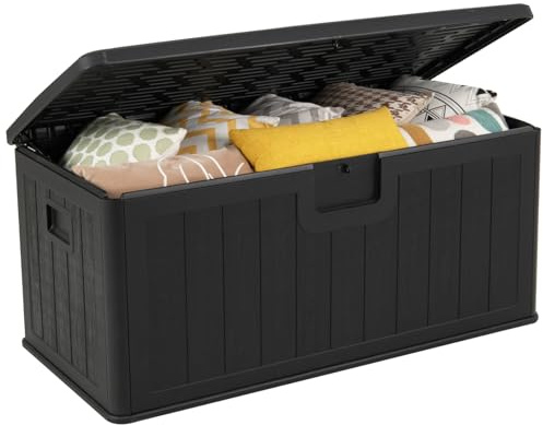 TANGZON 380L Garden Storage Box, Outdoor Weather Resistant Deck Box with Handles & Lockable Lid, Wood Effect Patio Storage Chest Container for Cushions Pillows Pool Supplies Tools (Black)