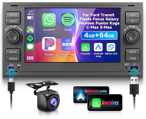 4G/64G VECHTEL 7 Bilradio Bluetooth för Ford Transit Fiesta Focus Galaxy Mondeo Fusion Kuga C-Max S-Max, Carplay Android Auto, DSP, EQ, WiFi GPS, Mirrorlink, RDS/FM-radio 2 Din con AHD backkamera