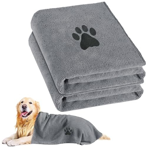 Teouuas 2 Pièces Serviette Chien, 100 x 50 cm Serviette pour Chien, Serviettes Microfibre Absorbante, Séchage Rapide, Serviettes Bain pour Chiens, Chat ou Autres Animaux Domestiques, Gris