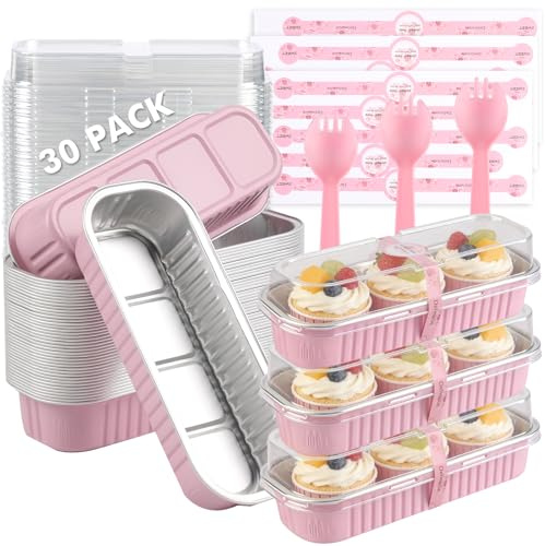 LepoHome 30 Pack Mini Loaf Cake Pan with Lids and Spoons, 6.8oz Small Disposable Aluminum Cake Tin Foil Pans, Rectangular Mini Loaf Bread Pans with Lids for Baking,Party,Picnics,Holidays (Pink)