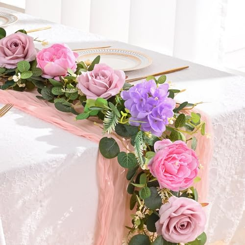 Livole 6 FT Artificial Flower Garland Real Touch Fake Pink Floral Rose Peony Garland with Eucalyptus Flower Hanging Vine for Wedding Table Centerpieces Backdrop Party Arch Home Decorations