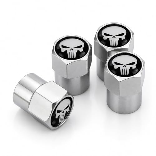 Dödskalle ventilkåpor för bildäck, svart, 4 stycken, universella ventilskydd för bilar, SUV, motorcykel, cykel, Schrader-ventiler (4 x silver Punisher)