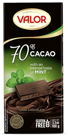 Valor Dark Chocolate Bar - 70% Dark Chocolate with Mint, Deliciously Smooth Dark Chocolate Bars made with Fine Cacao, Gluten Free, Crafted by Master Chocolatiers, 100g Bar