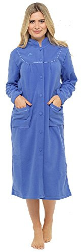 Peignoir chaud en polaire a manches longues avec boutons et poches avant pour femme - Bleu - 52