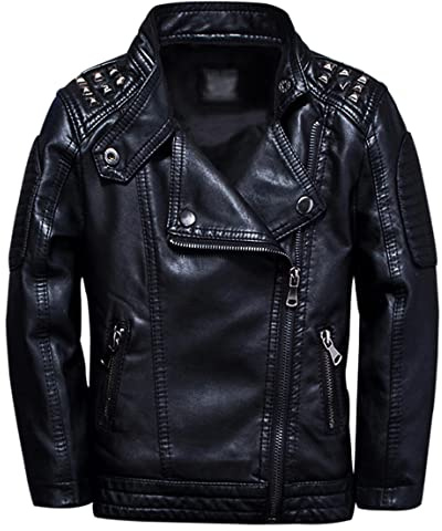 TLAENSON Boys Black Leather Jacket Studded Motorcycle Faux Leather Coat 11-12 Years Size 152