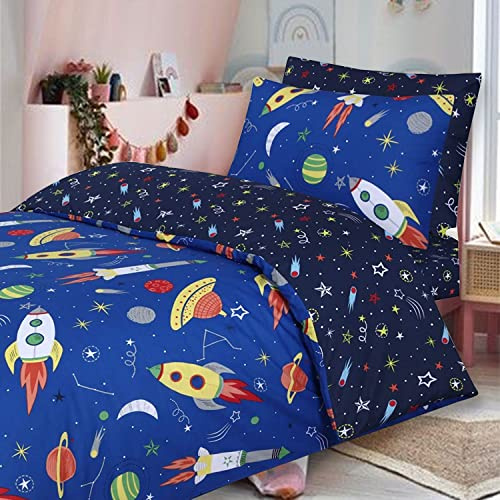 DTEX HOMES - 100% Cotton Kids Childrens Bedding Set Reversible Duvet Cover With Pillowcases and Matching Fitted Sheet (Space Blue, Single Complete Set)