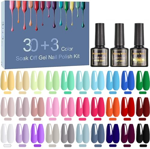 33 Pcs 8ml Esmalte Semipermanente, SHOWNAIL 30 Colors de Pintauñas Semipermanentes Remojo con Base, Top Coat Brillante y Mate, Set Esmalte de Uñas Semipermanentes con Negro, Blanco, Azul, Pastel