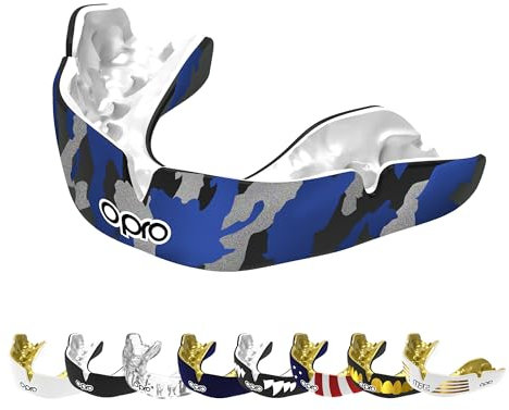OPRO Instant Custom-Fit Mundschutz, vom Zahnarzt angefertigter Mundschutz, für ultimativen Komfort, Schutz, und Passform. Zahnschutz für Rugby, Boxen, Hockey, MMA (Blaue Tarnung, Erwachsene)