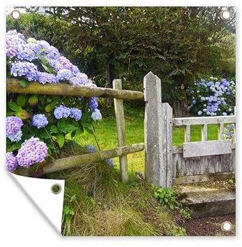 MuchoWow Poster exterieur Jardin de cottage avec hortensias Decoration murale 100x100 cm Résistant aux intempéries/soleil