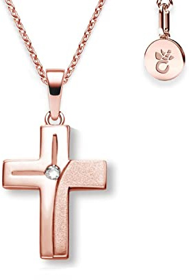Amoonìc Kreuz Kette Mädchen Kommunion Rosegold (Silber 925 vergoldet) | Kreuz-Anhänger Halskette mit Zirkonia | Kinder-Schmuck Taufgeschenk Konfirmation Firmung Geburt Taufe | Kreuzkette Taufkette