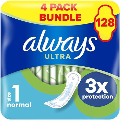 Always Ultra Sanitary Towels/Pads with Wings, Normal Size 1, Ultra Thin, 128 Towels (32 x 4 Packs), Super Saving Box, Odour Neutraliser, Super Absorbent Core