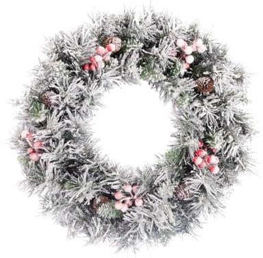 EVRE 50cm/20 inch Snow Frosted Artificial Christmas Wreath with Pine Cones & Red Berries Branches, for Front Door Round Wall Hanging Festive, Ornament Xmas Home Decoration