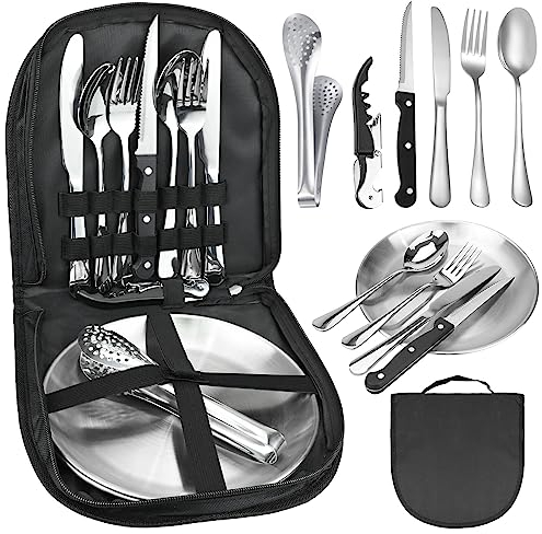 11Pcs Camping Cutlery Set - Stainless Steel Portable Picnic Utensils with Plates, Grill Tong, and Bottle Opener - Ideal for Road Trips, Picnics, and Camping Adventures