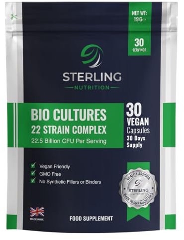 Bio Cultures Complex | 22 Live Bacterial Strains | 22.5 Billion CFU per Serving | Vegan Probiotic Supplement for Digestive & Gut Health & Immunity | 30 Capsules (30 Servings) | STERLING NUTRITION