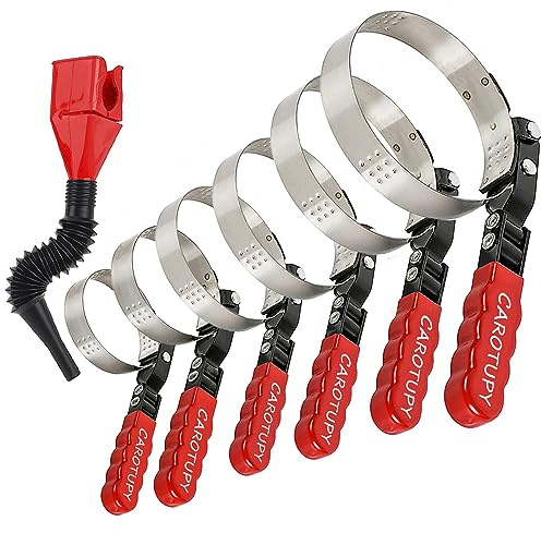 CAROTUPY 7pcs Oil Filter Wrench Set with Small Oil Funnel for Oil Change, Adjustable Oil Filter Removal Tool 2-1/16-5-1/4