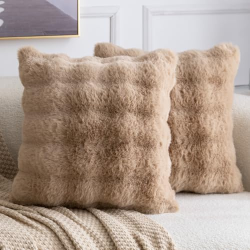 Madizz Lot de 2 Doux Peluche Laine Courte Toison Décoratif Housses de Coussin Luxe Style pour canapé Chambre Chameau 40 x 40 cm