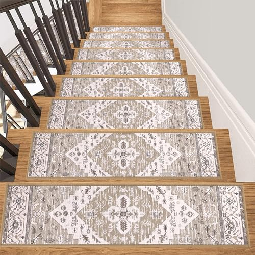 SHACOS 15Pcs 20x76cm Carpet Treads for Wood Stairs Beige Stair Pads Self Adhesive Non Slip Inner Stair Mats Removable Stair Carpet Tiles for Indoor Staircase Decoration