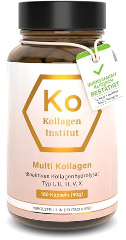 Kollagen Institut Multi Kollagen Kapseln - Hochdosiert Collagen Pulver Peptide, 180 Kapseln, Bioaktives Kollagenhydrolysat Typ 1 2 3 5 10 für Beauty Haut Haare Gelenke Knochen Nägel Inner Glow