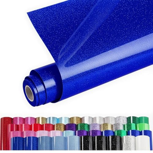 Glitter Blue HTV Vinyl Roll 12 x 5ft, PET Backing Heat Transfer Vinyl, Easy to Cut & Weed, Compatible with All Cutting Machines & Heat Press for T-Shirts, Hats, Bags & DIY Crafts